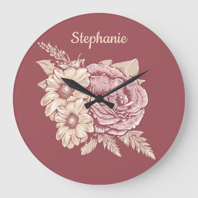 Flower Illustration custom name wall clocks (Front)