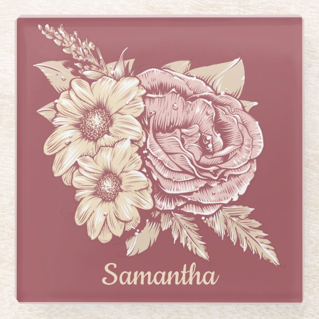Flower Illustration glass coaster (Front)