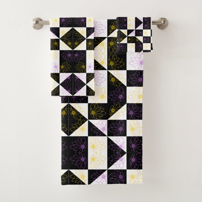 flower in Monochrome Aesthetic Chequered pattern Bath Towel Set (Insitu)
