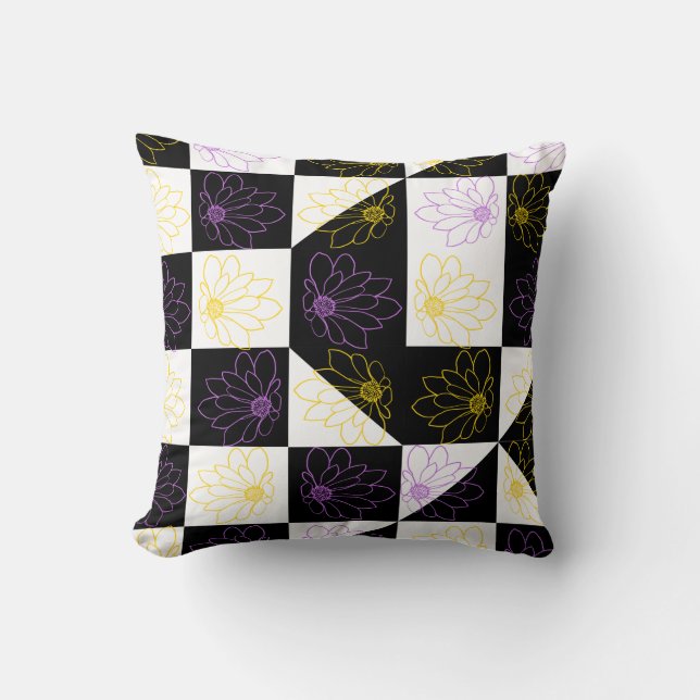 flower in Monochrome Aesthetic Chequered pattern Cushion (Front)