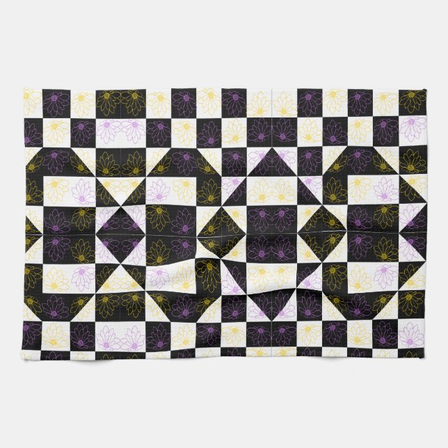 flower in Monochrome Aesthetic Chequered pattern Tea Towel (Horizontal)