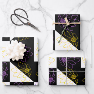 flower in Monochrome Aesthetic Chequered pattern Wrapping Paper Sheet