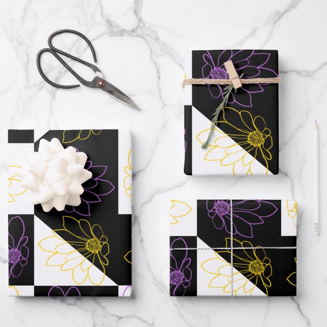 flower in Monochrome Aesthetic Chequered pattern Wrapping Paper Sheet (Front)
