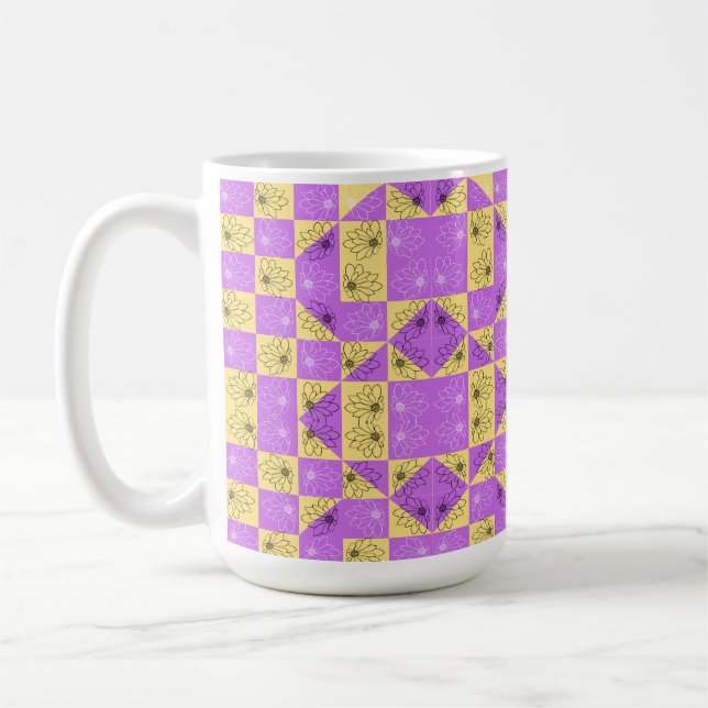 Flower in Purple gold Chequered geometric pattern Coffee Mug (Left)