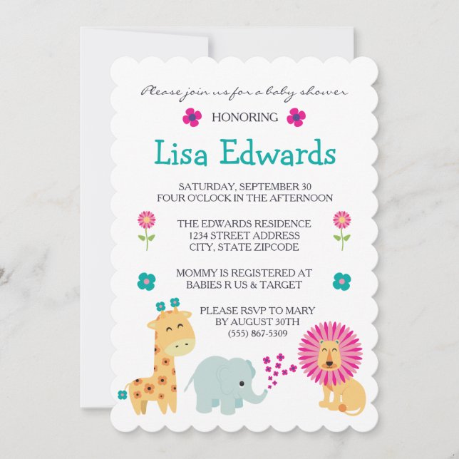 Flower Jungle Animals Invitation (Front)