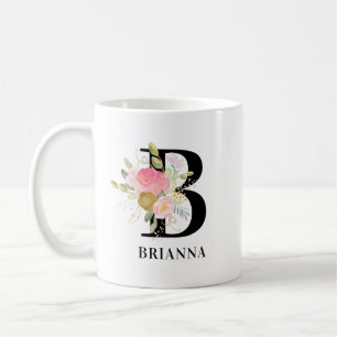 Flower Letter Pink and Gold Floral Monogrammed Coffee Mug