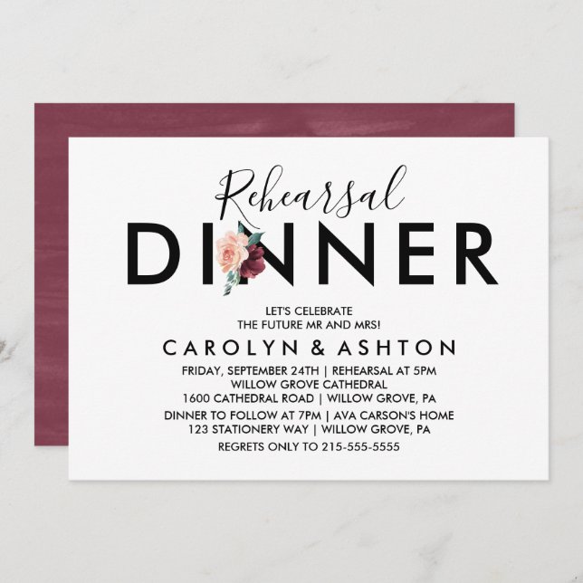 Flower Lettering | Maroon Rehearsal Dinner Invitation (Front/Back)