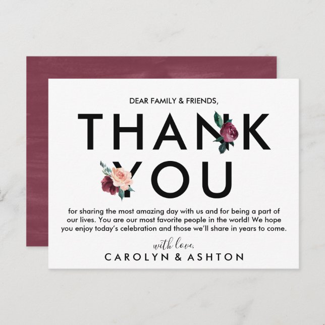 Flower Lettering | Maroon Thank You Reception Card (Front/Back)