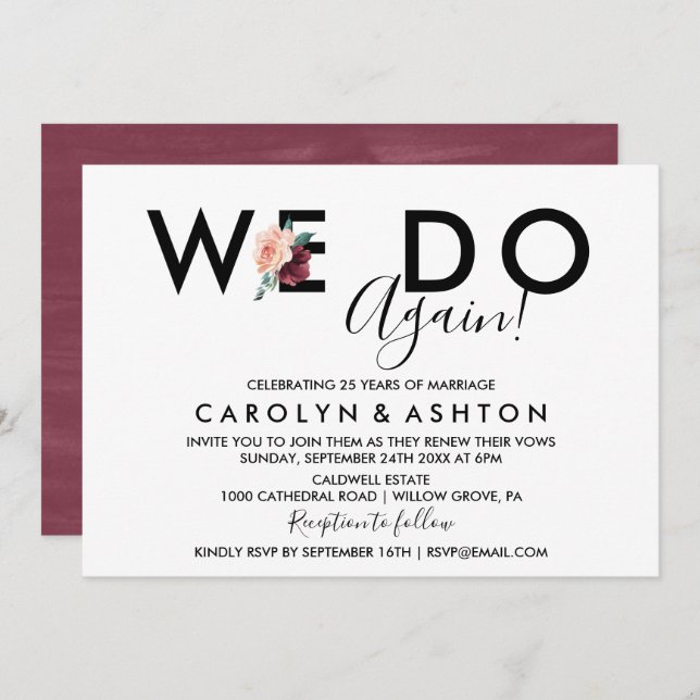 Flower Lettering | Maroon Vow Renewal Invitation (Front/Back)