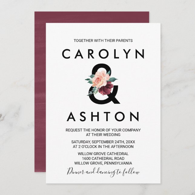 Flower Lettering | Maroon Wedding Invitation (Front/Back)