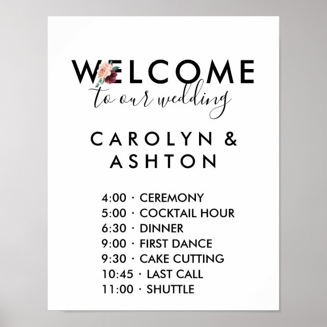 Flower Lettering | Maroon Wedding Order of Events Poster (Front)