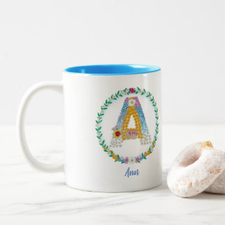 Flower Letters Initial "A" with Personalised name Two-Tone Coffee Mug