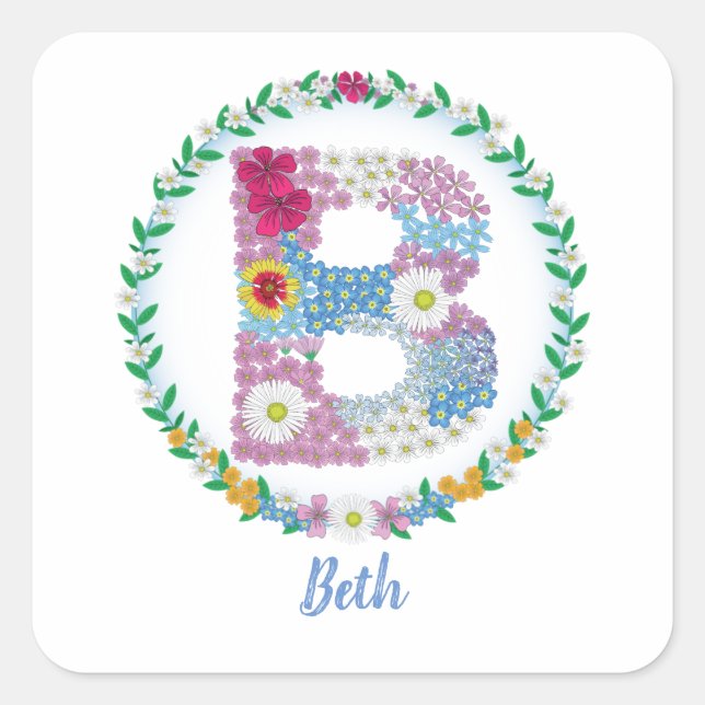 Flower Letters Initial "B" with Personalised name Square Sticker (Front)