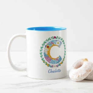 Flower Letters Initial "C" with Personalised name Two-Tone Coffee Mug