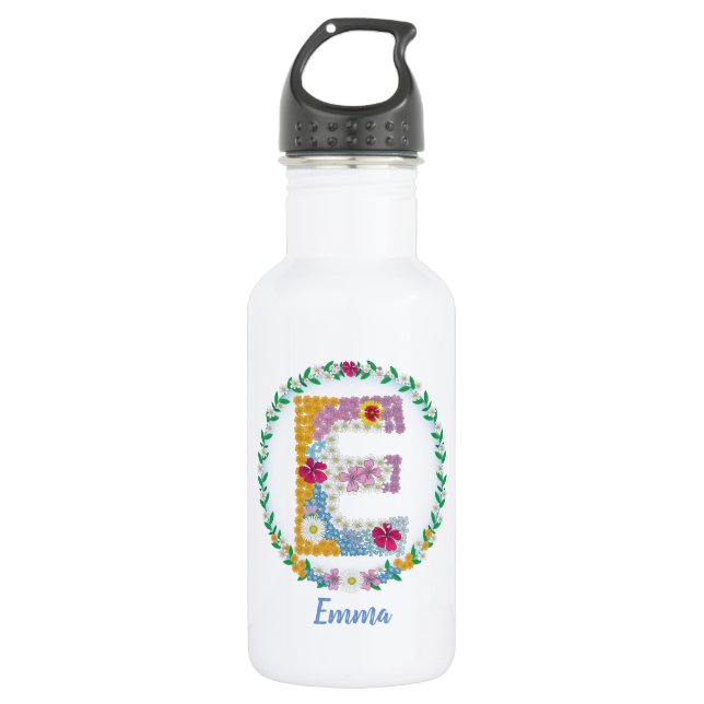 Flower Letters Initial "E" with Personalised name 532 Ml Water Bottle (Front)