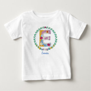 Flower Letters Initial "E" with Personalised name Baby T-Shirt