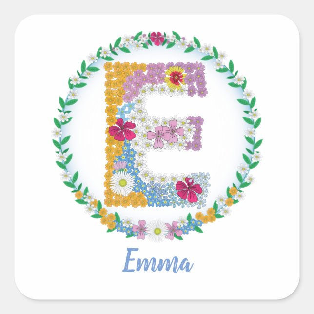 Flower Letters Initial "E" with Personalised name Square Sticker (Front)