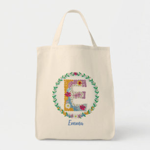 Flower Letters Initial "E" with Personalised name Tote Bag