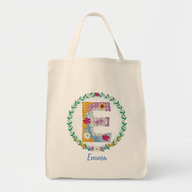 Flower Letters Initial "E" with Personalised name  Tote Bag (Front)