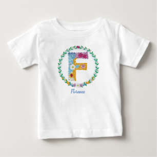 Flower Letters Initial "F" with Personalised name Baby T-Shirt