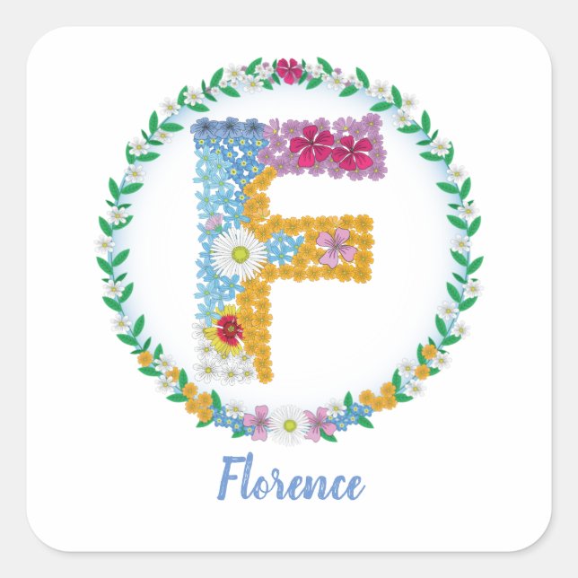 Flower Letters Initial "F" with Personalised name Square Sticker (Front)