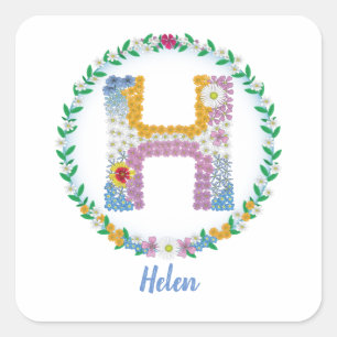 Flower Letters Initial "H" with Personalised name Square Sticker