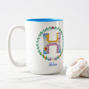 Flower Letters Initial "H" with Personalised name Two-Tone Coffee Mug