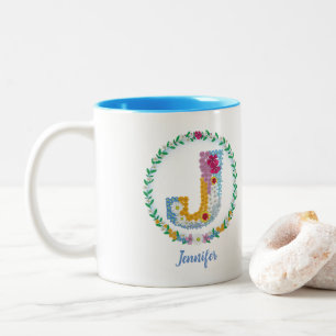 Flower Letters Initial "J" with Personalised name Two-Tone Coffee Mug