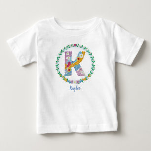 Flower Letters Initial "K" with Personalised name Baby T-Shirt