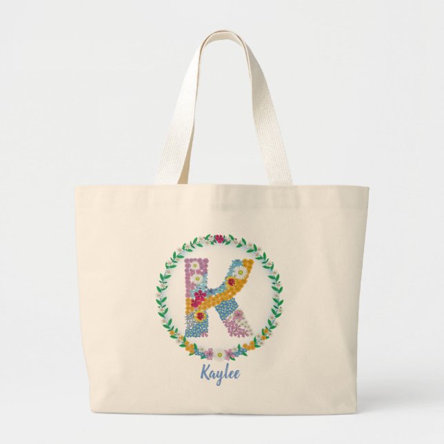 Flower Letters Initial "K" with Personalised name Large Tote Bag (Front)