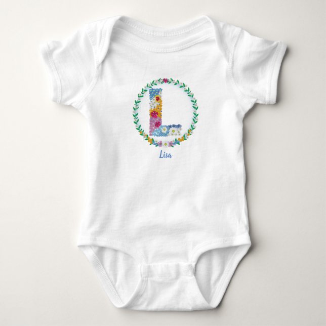 Flower Letters Initial "L" with Personalised name Baby Bodysuit (Front)