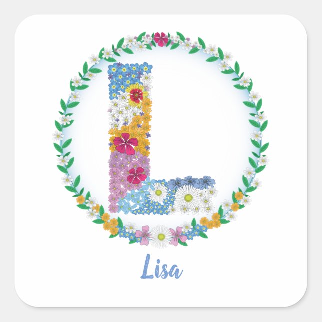 Flower Letters Initial "L" with Personalised name Square Sticker (Front)