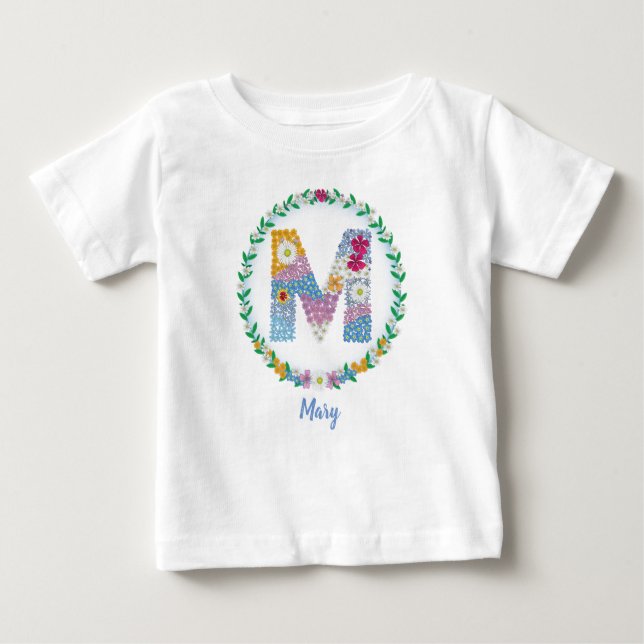 Flower Letters Initial "M" with Personalised name Baby T-Shirt (Front)