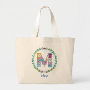 Flower Letters Initial "M" with Personalised name Large Tote Bag