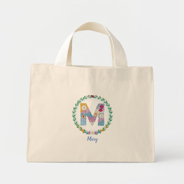 Flower Letters Initial "M" with Personalised name Mini Tote Bag (Front)