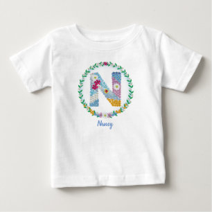 Flower Letters Initial "N" with Personalised name Baby T-Shirt