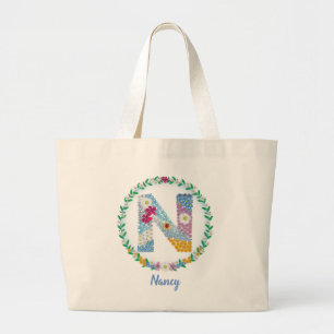 Flower Letters Initial "N" with Personalised name Large Tote Bag