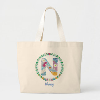 Flower Letters Initial "N" with Personalised name Large Tote Bag