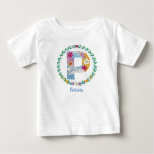 Flower Letters Initial "P" with Personalised name Baby T-Shirt