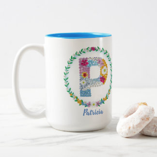 Flower Letters Initial "P" with Personalised name Two-Tone Coffee Mug