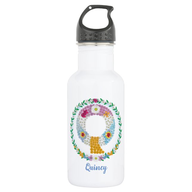 Flower Letters Initial "Q" with Personalised name 532 Ml Water Bottle (Front)