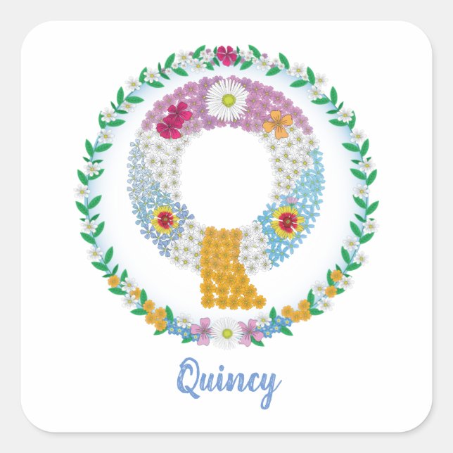 Flower Letters Initial "Q" with Personalised name Square Sticker (Front)