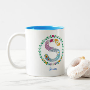 Flower Letters Initial "S" with Personalised name Two-Tone Coffee Mug