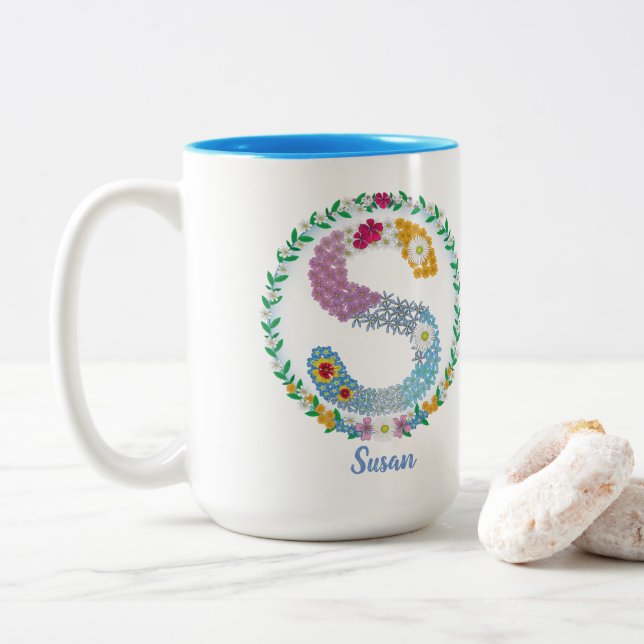 Flower Letters Initial "S" with Personalised name  Two-Tone Coffee Mug (With Donut)