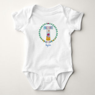 Flower Letters Initial "T" with Personalised name Baby Bodysuit