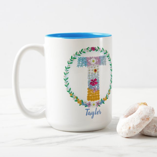 Flower Letters Initial "T" with Personalised name  Two-Tone Coffee Mug (With Donut)