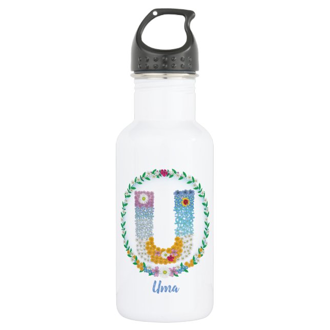 Flower Letters Initial "U" with Personalised name 532 Ml Water Bottle (Front)