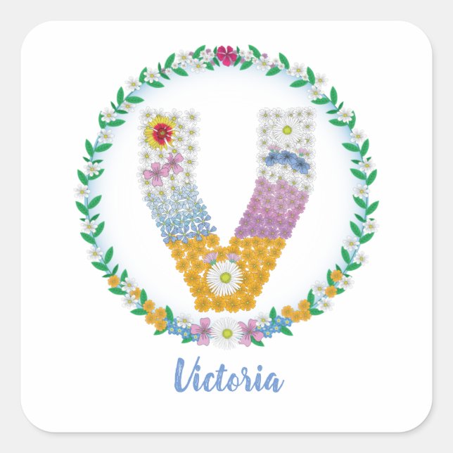 Flower Letters Initial "V" with Personalised name Square Sticker (Front)