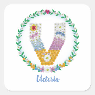 Flower Letters Initial "V" with Personalised name Square Sticker