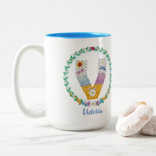 Flower Letters Initial "V" with Personalised name Two-Tone Coffee Mug